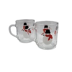 Pair Of 2 Crate & Barrel Luminarc Snowman Snowflakes 10 Oz Glass Coffee Tea Mugs